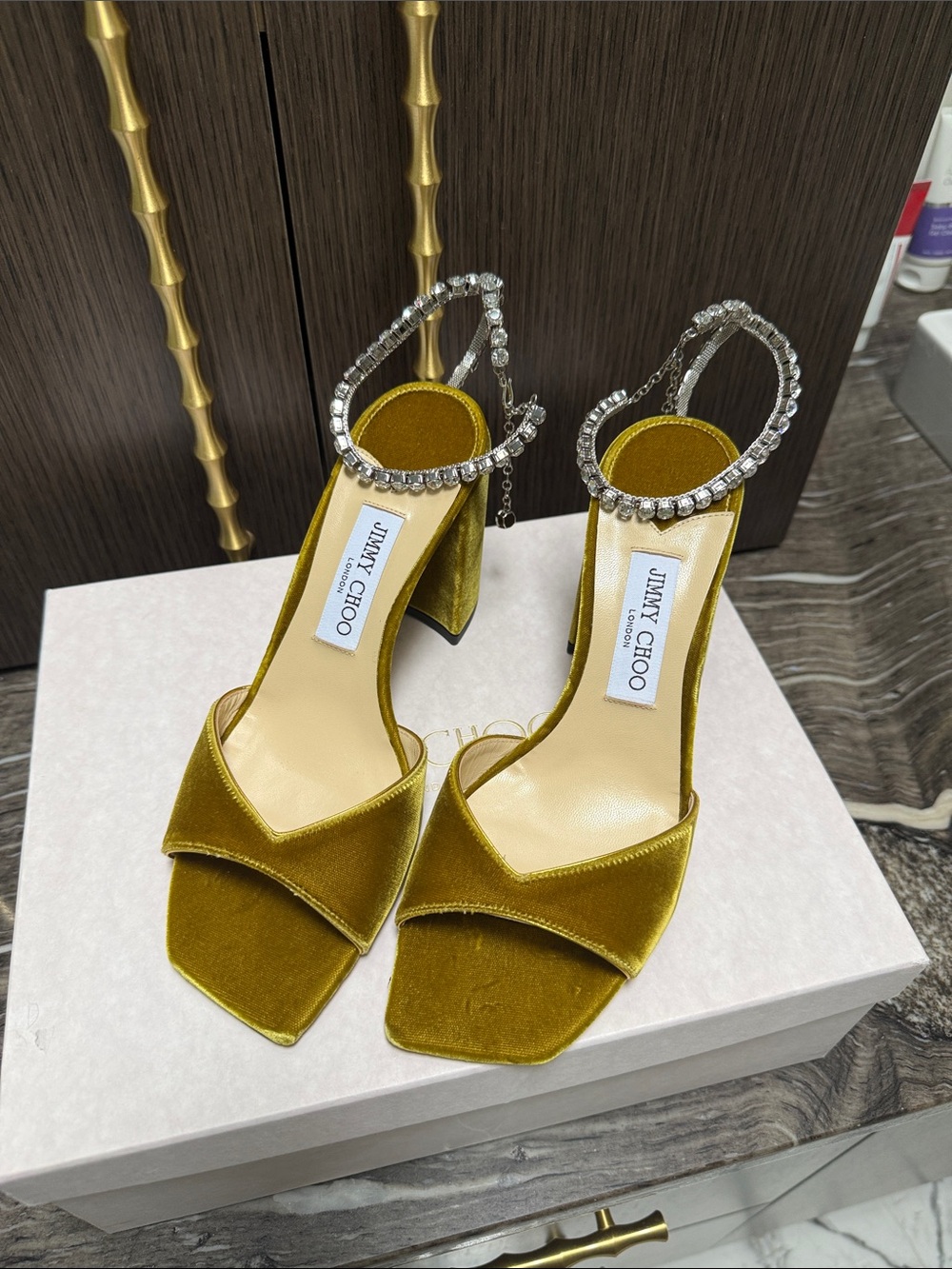 Jimmy Choo Olive Velvet Block Heel Saeda Embellished Sandals NEW